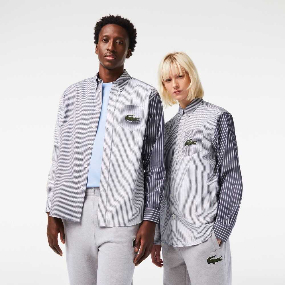 Lacoste Large Crocodile Randig Bomull Vita Marinblå Blå | GUSHV-1704