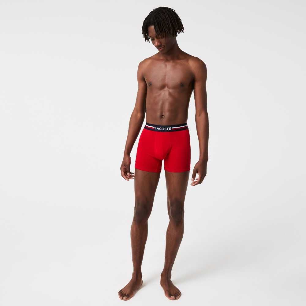 Lacoste Long Bomull Boxer Brief 3-Pack Marinblå Blå Grå Röda | KDSYB-5496