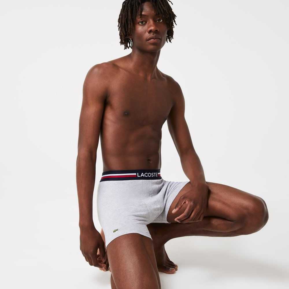 Lacoste Long Bomull Boxer Brief 3-Pack Marinblå Blå Grå Röda | KDSYB-5496