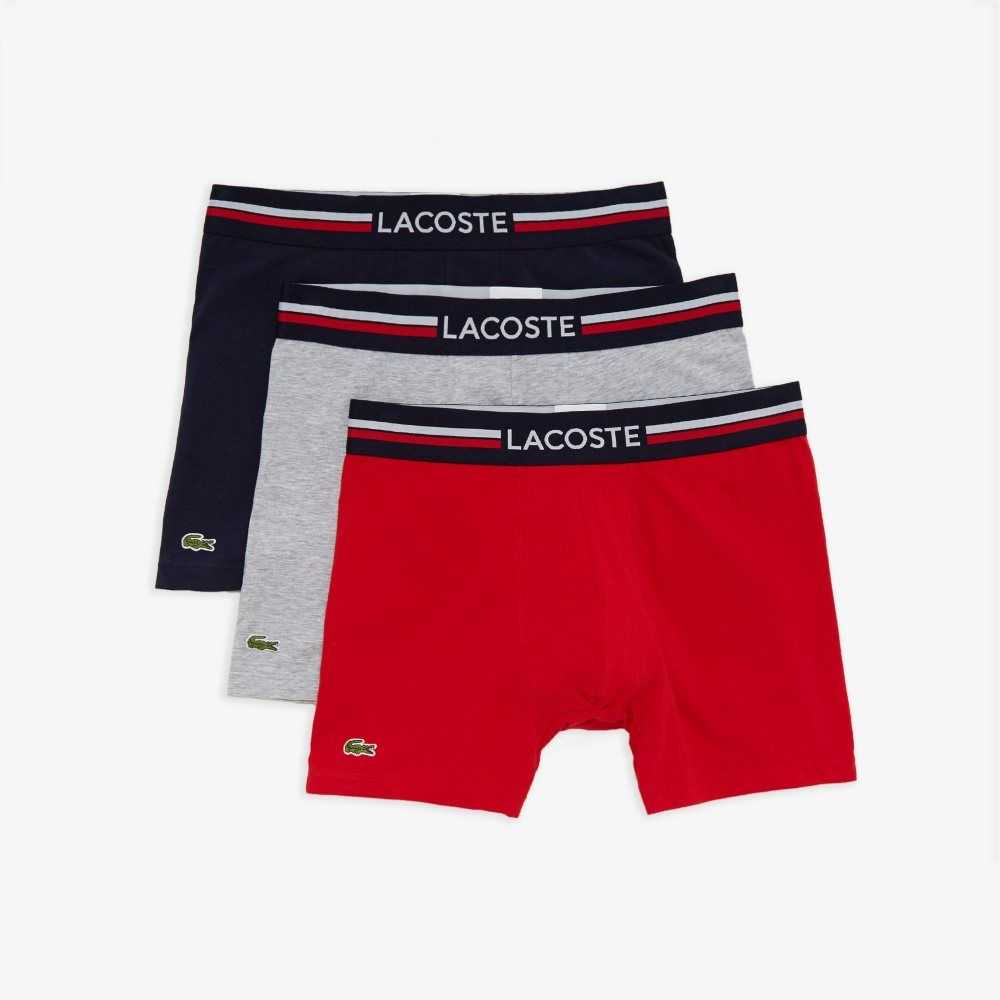 Lacoste Long Bomull Boxer Brief 3-Pack Marinblå Blå Grå Röda | KDSYB-5496