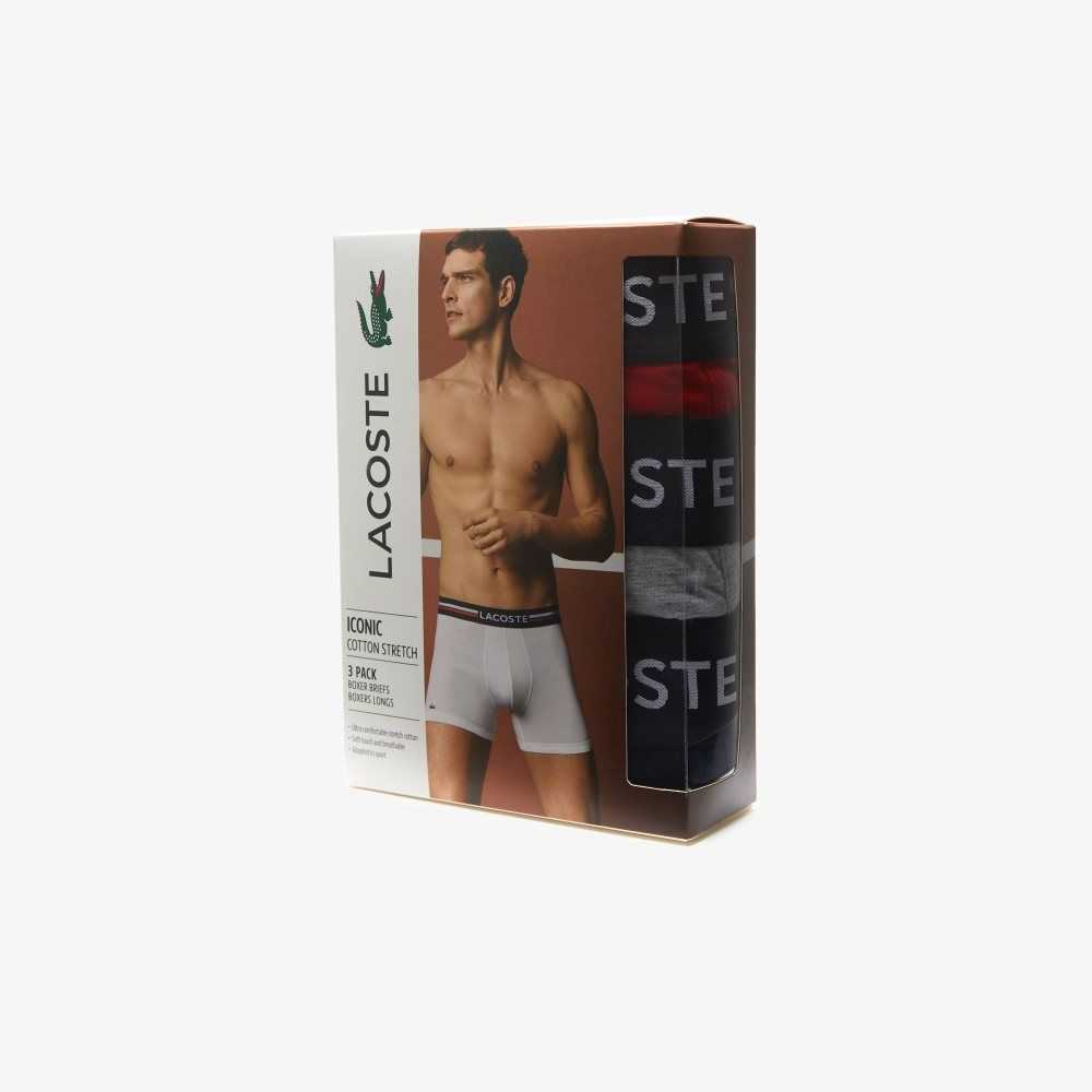 Lacoste Long Bomull Boxer Brief 3-Pack Marinblå Blå Grå Röda | KDSYB-5496