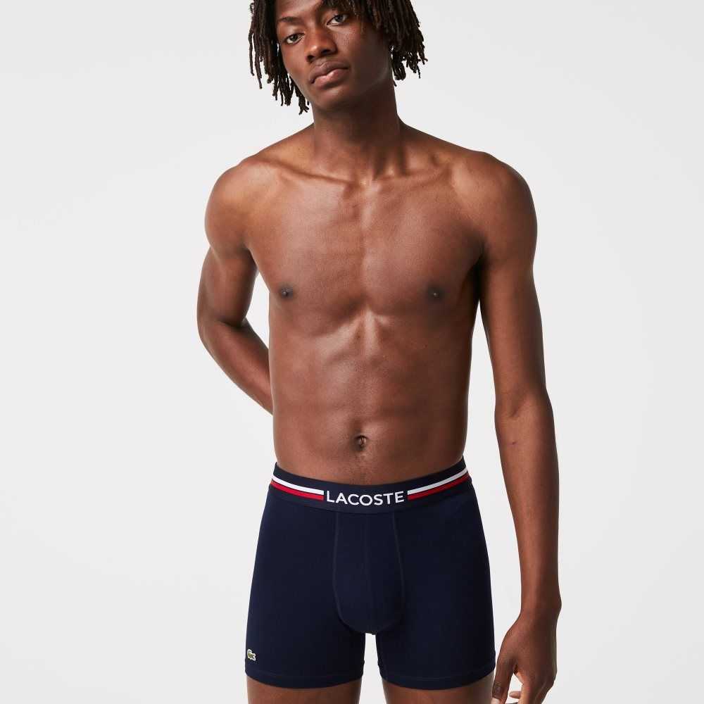 Lacoste Long Bomull Boxer Brief 3-Pack Marinblå Blå Grå Röda | KDSYB-5496