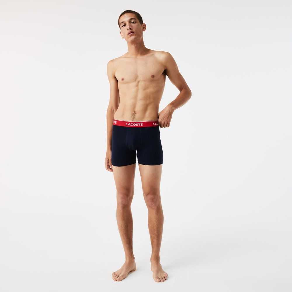 Lacoste Long Bomull Boxer Brief 3-Pack Marinblå Blå Gröna Röda Marinblå Blå | SZKHX-0157