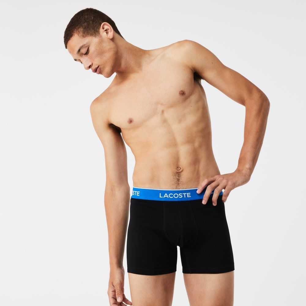 Lacoste Long Bomull Boxer Brief 3-Pack Svarta Blå Mörkgrå | JONWL-8976