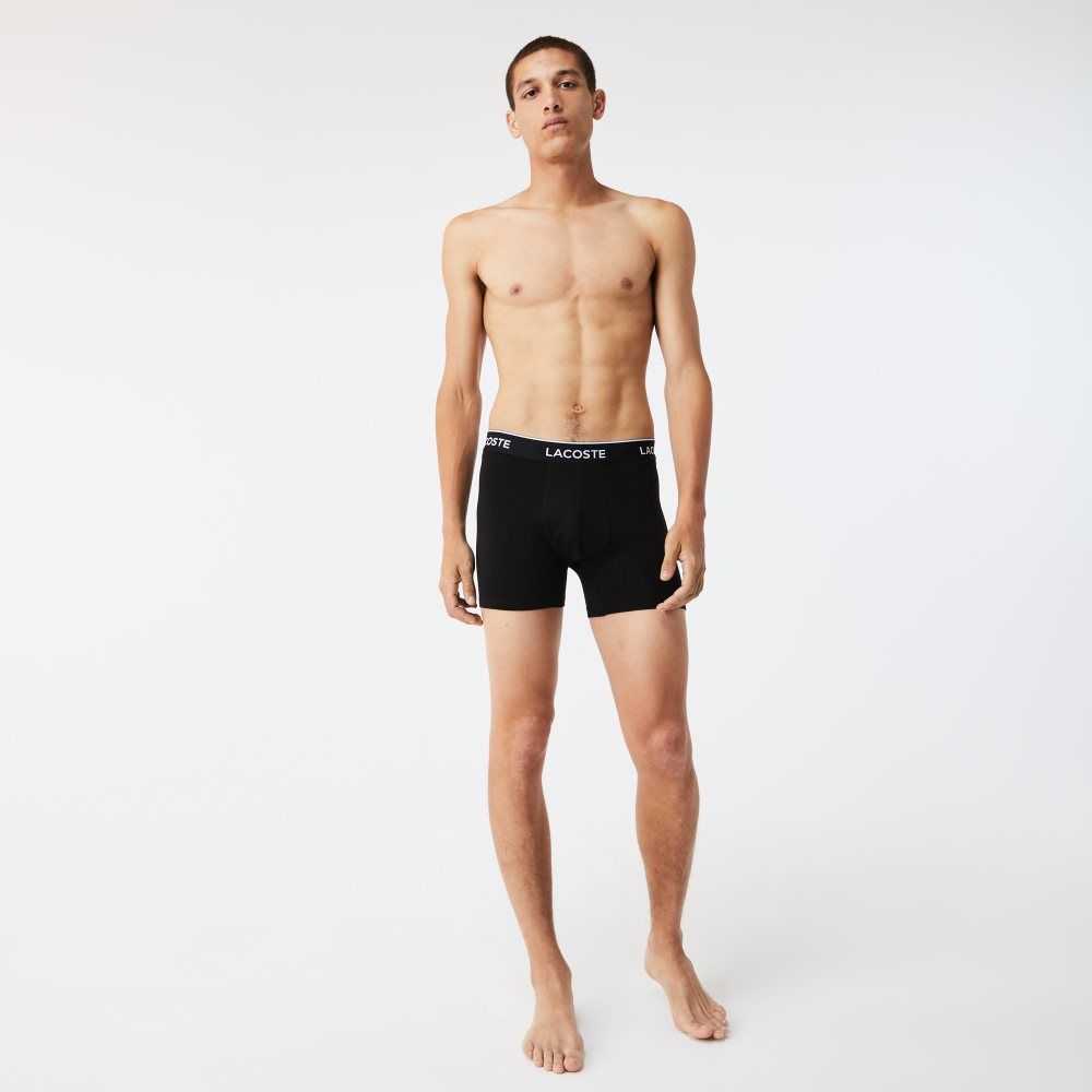 Lacoste Long Stretch Bomull Boxer Brief 3-Pack Svarta Vita Grå | YJPHO-3746