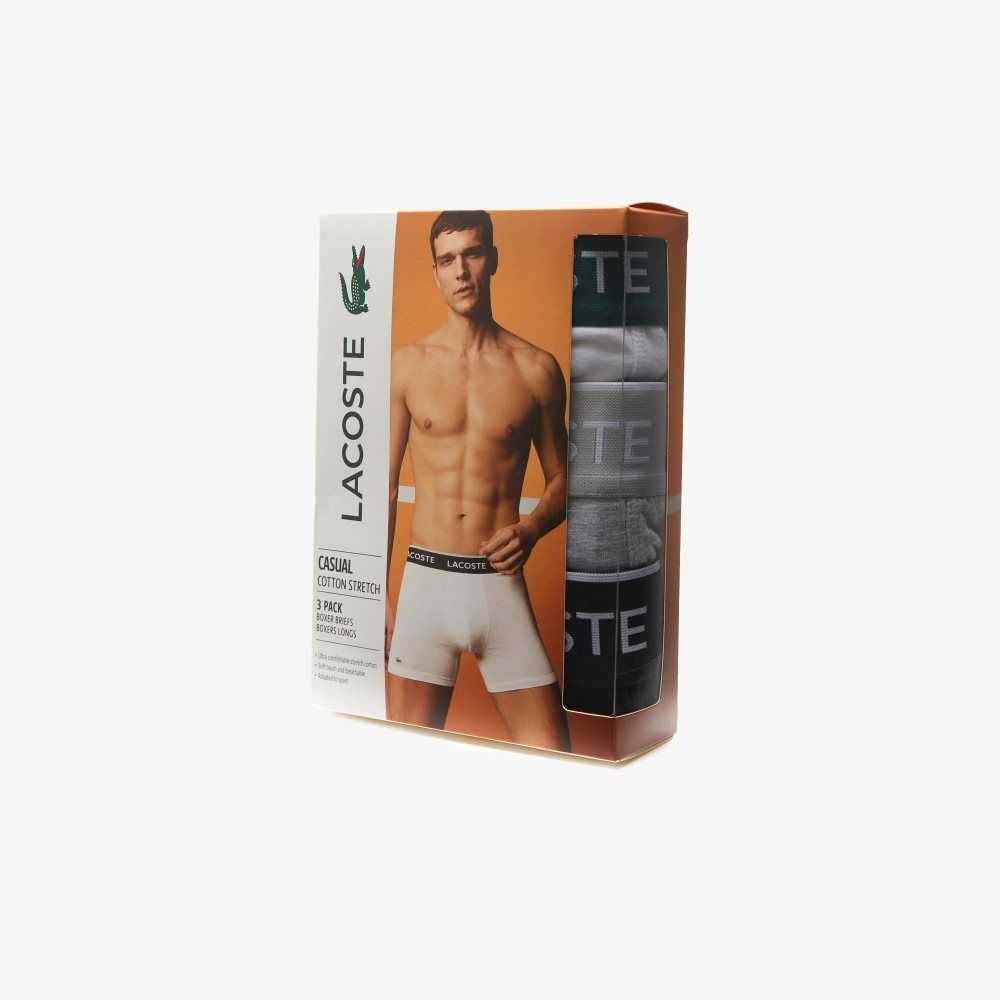 Lacoste Long Stretch Bomull Boxer Brief 3-Pack Svarta Vita Grå | YJPHO-3746