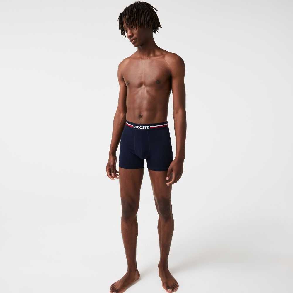 Lacoste Long Stretch Bomull Jersey Boxer Brief 3-Pack Marinblå Blå Vita | UHCSM-5284