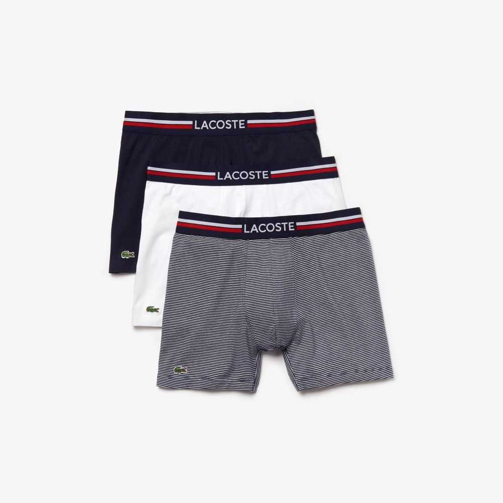 Lacoste Long Stretch Bomull Jersey Boxer Brief 3-Pack Marinblå Blå Vita | UHCSM-5284