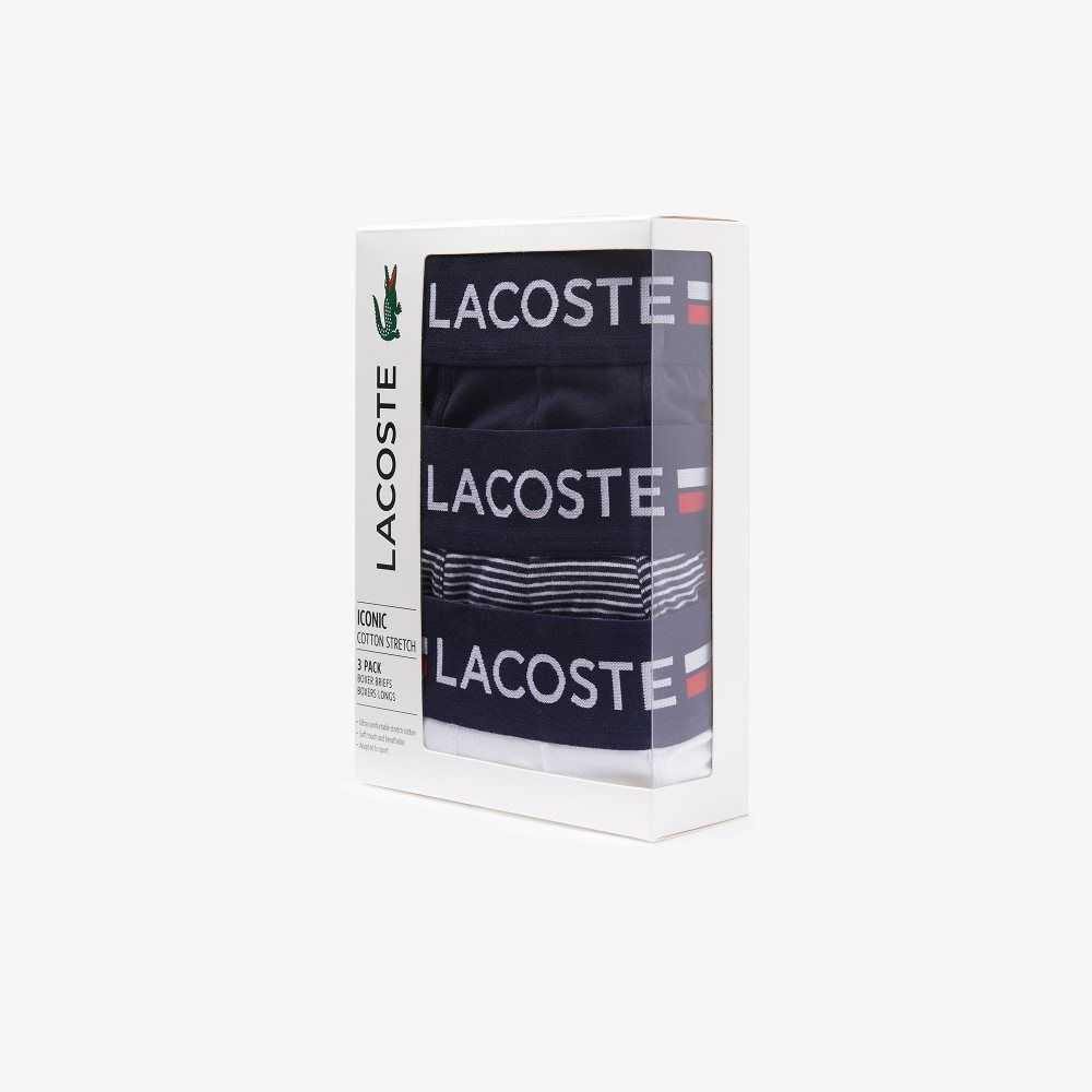 Lacoste Long Stretch Bomull Jersey Boxer Brief 3-Pack Marinblå Blå Vita | UHCSM-5284