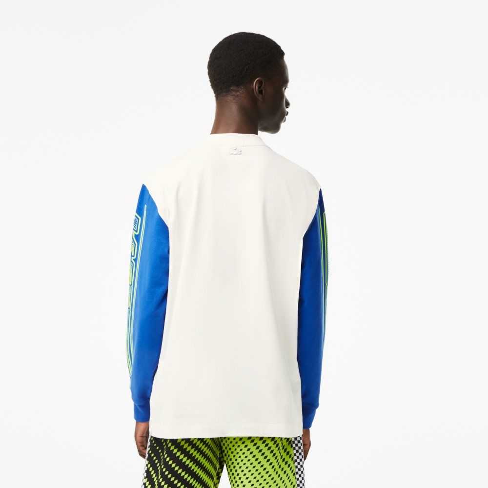 Lacoste Loose Fit Long Sleeve Printed Vita Blå | ORMHA-2480