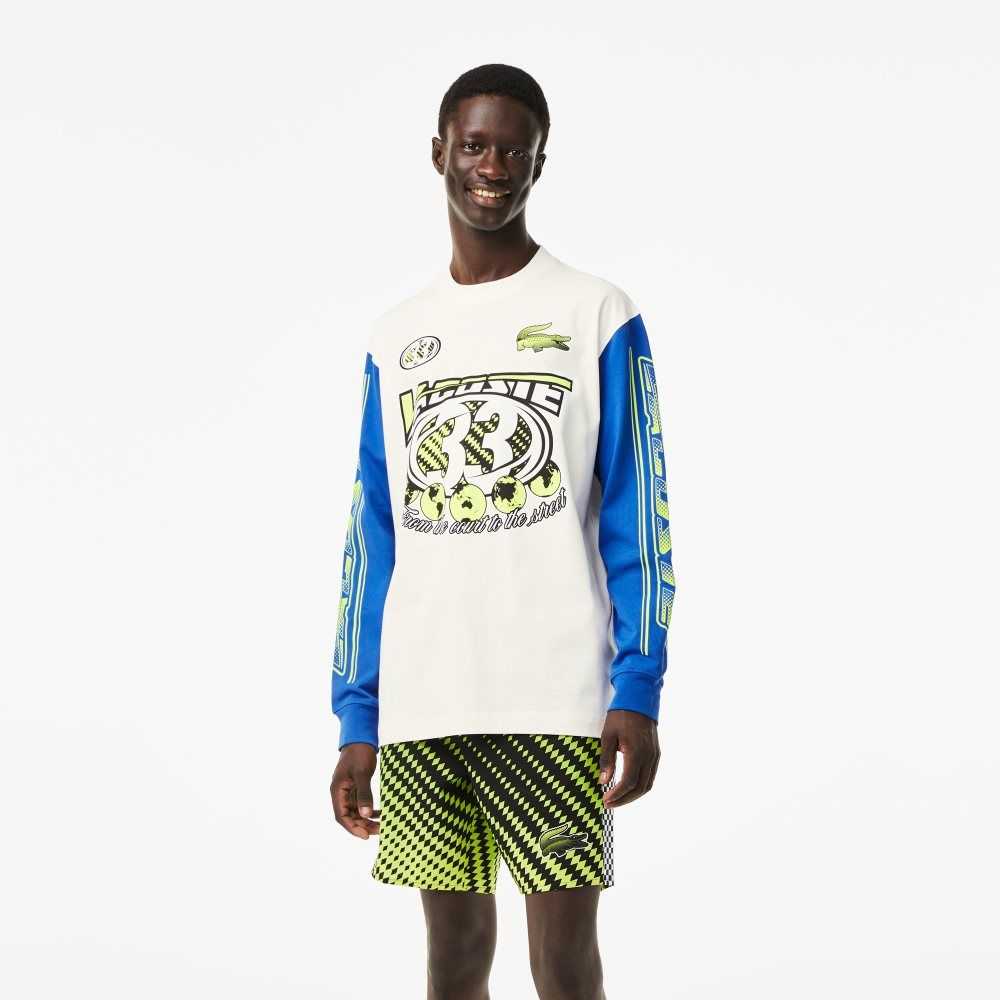 Lacoste Loose Fit Long Sleeve Printed Vita Blå | ORMHA-2480