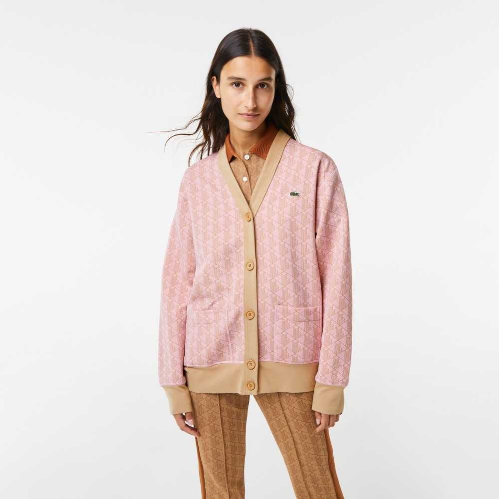 Lacoste Loose Fit Monogram Print Cardigan Ljusrosa Beige | FKYRH-0271