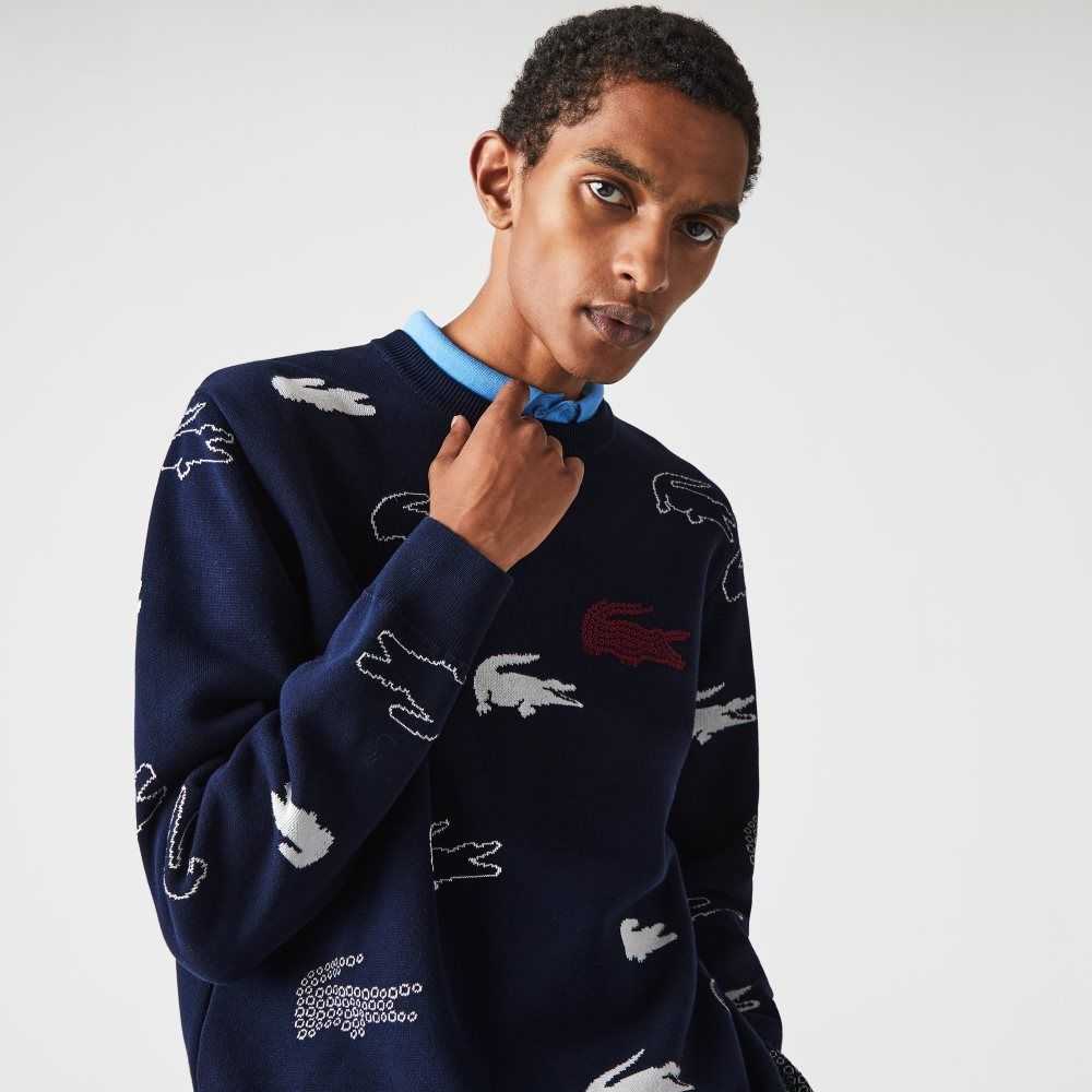 Lacoste Made In France Crew Neck Organic Bomull Jacquard Marinblå Blå Vita | ZXUCT-0461