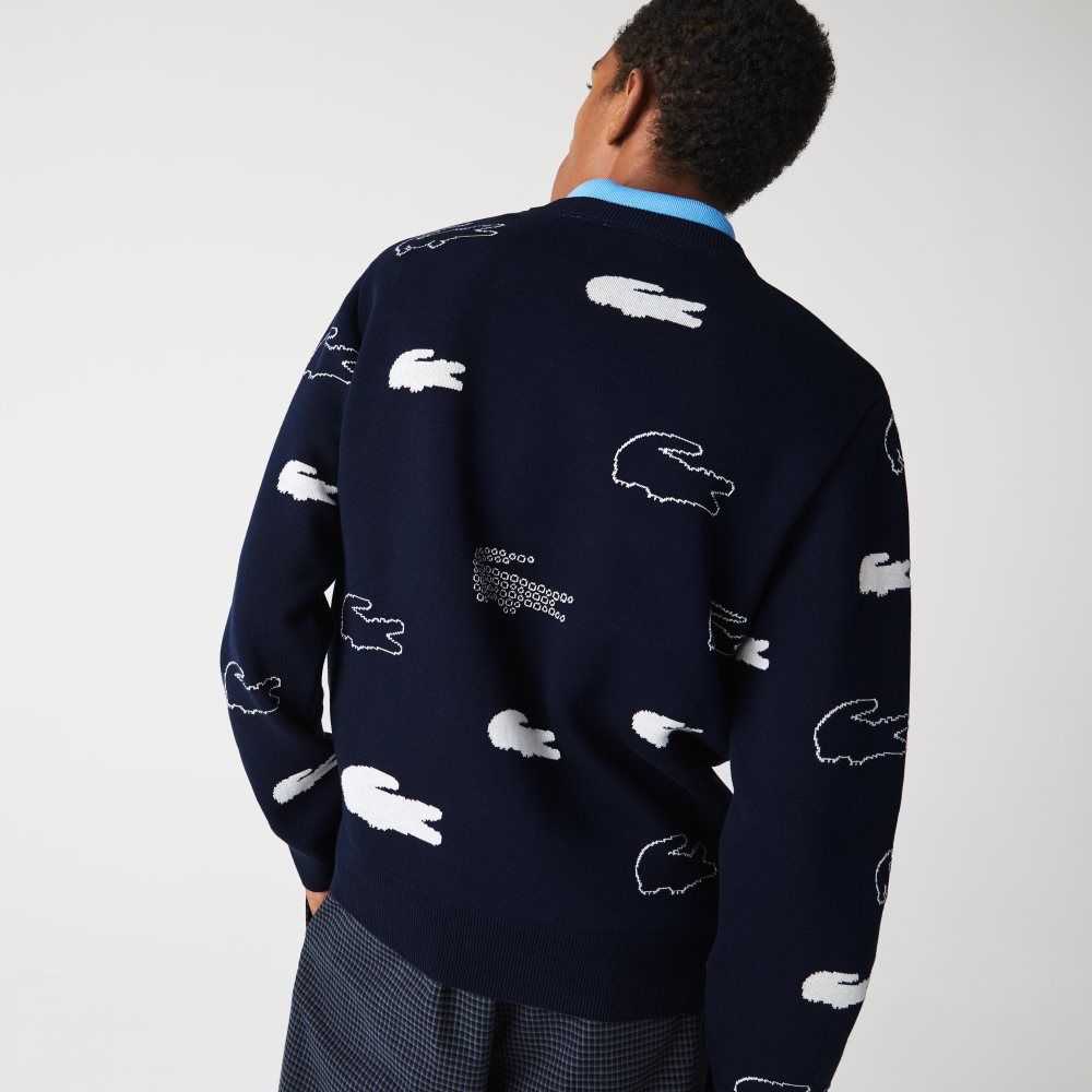 Lacoste Made In France Crew Neck Organic Bomull Jacquard Marinblå Blå Vita | ZXUCT-0461