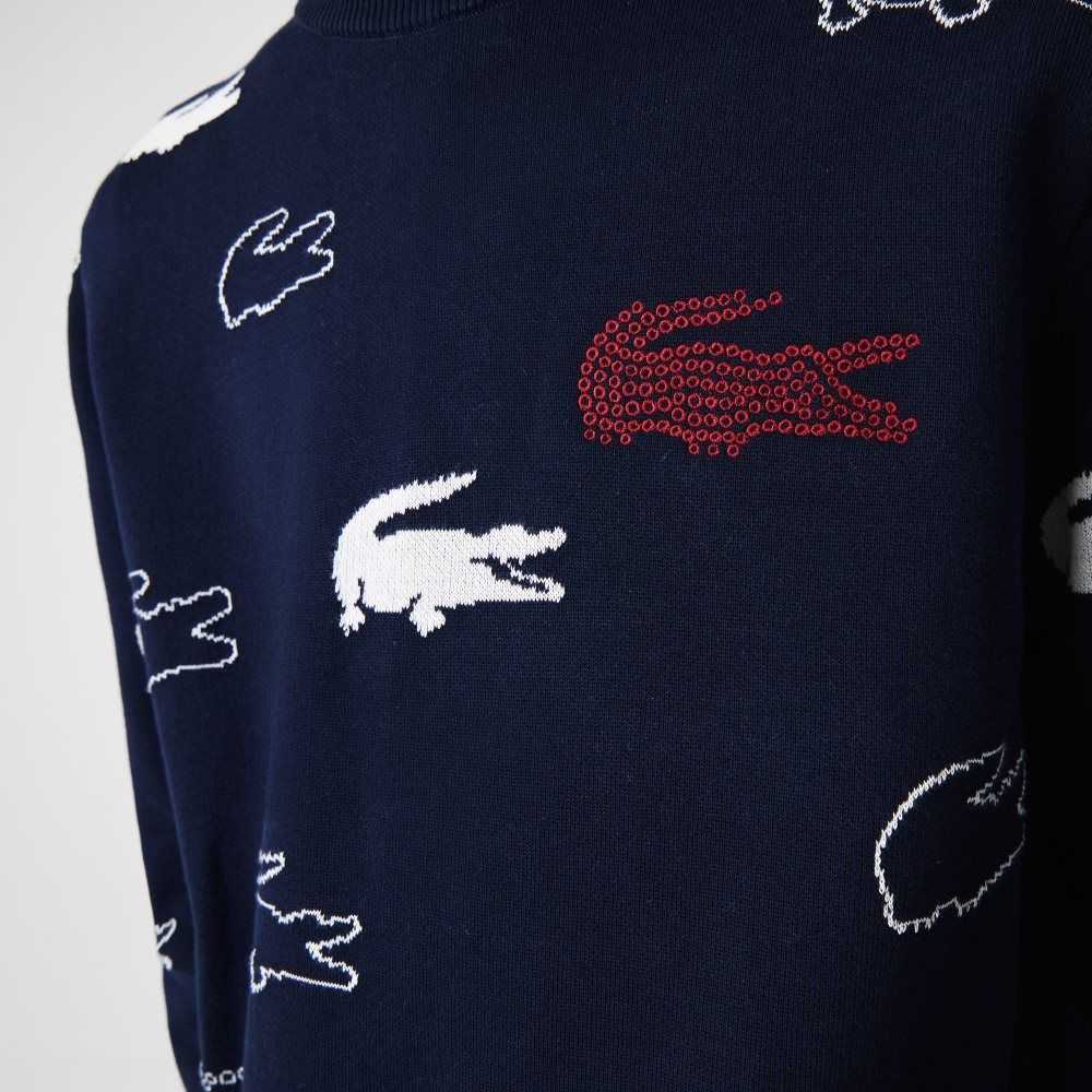 Lacoste Made In France Crew Neck Organic Bomull Jacquard Marinblå Blå Vita | ZXUCT-0461