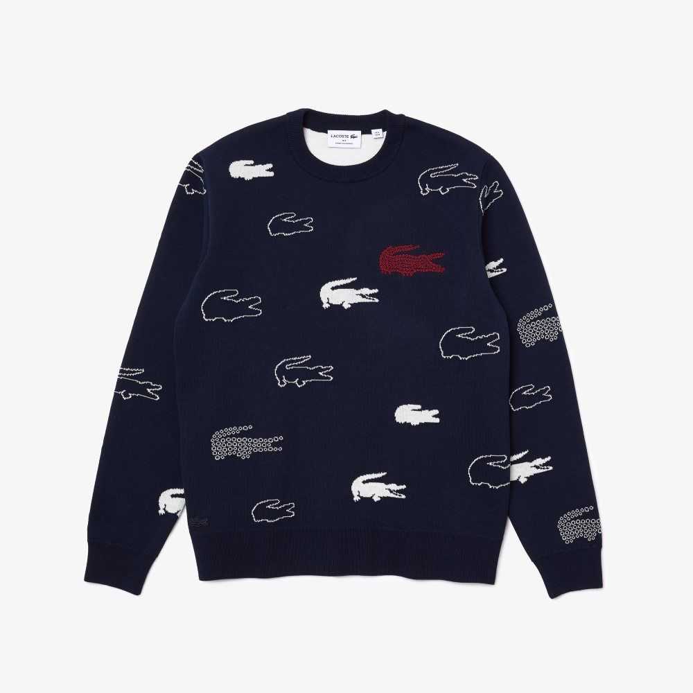 Lacoste Made In France Crew Neck Organic Bomull Jacquard Marinblå Blå Vita | ZXUCT-0461