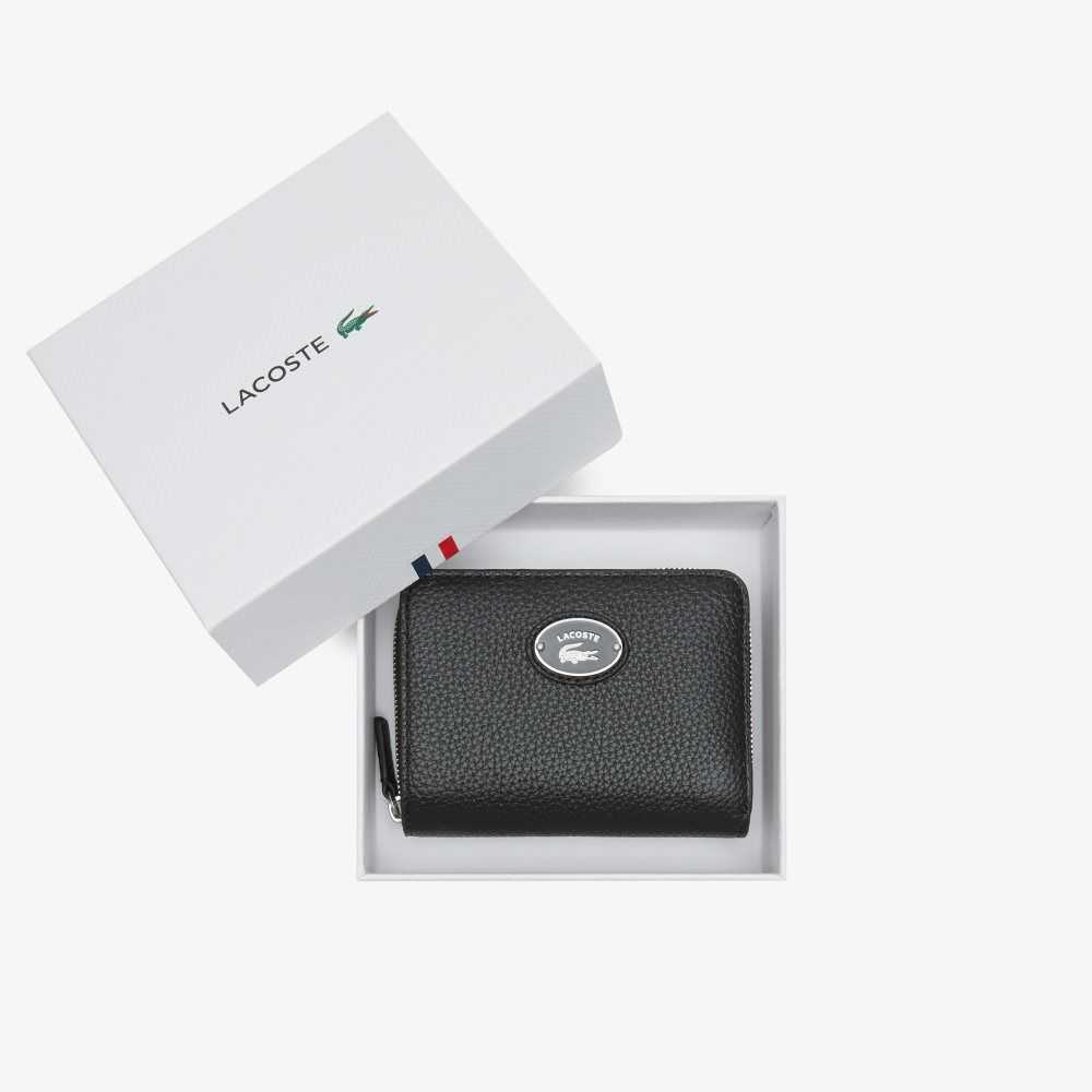 Lacoste Metal Plate Small Zip Wallet Svarta | KFSGY-6240