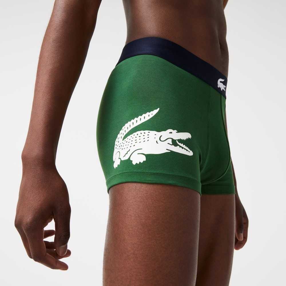 Lacoste Mismatched Stretch Bomull Trunk 3-Pack Gröna Marinblå Blå Vita | BXPJG-5204