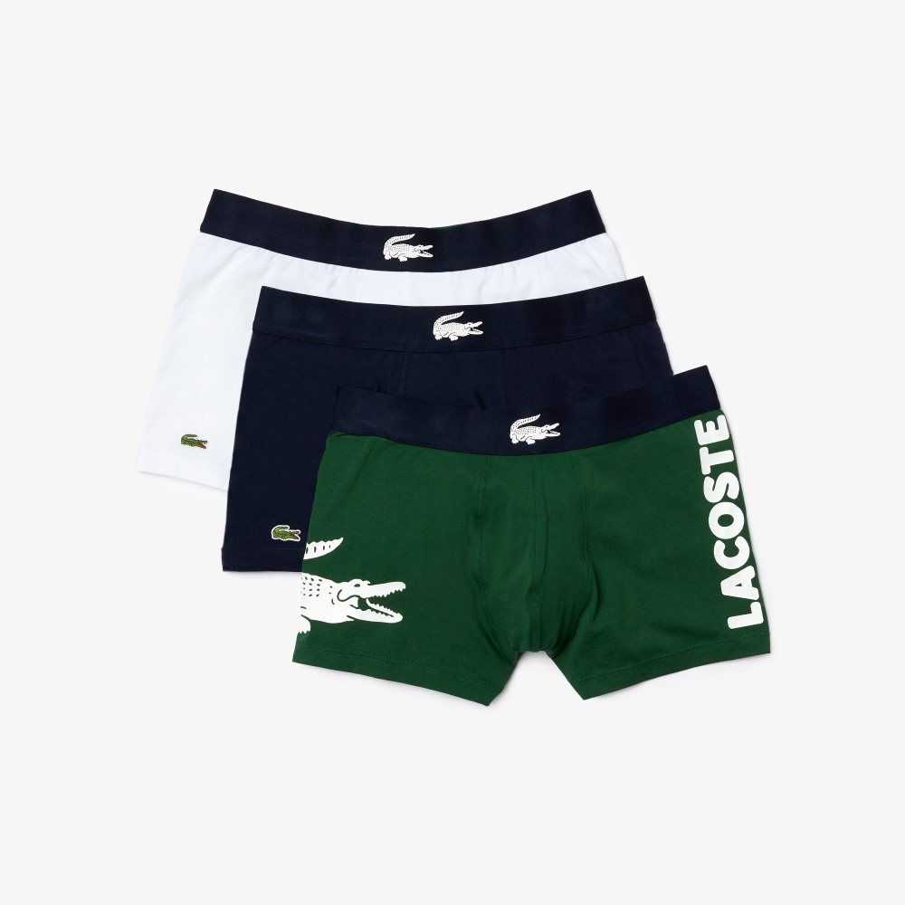 Lacoste Mismatched Stretch Bomull Trunk 3-Pack Gröna Marinblå Blå Vita | BXPJG-5204