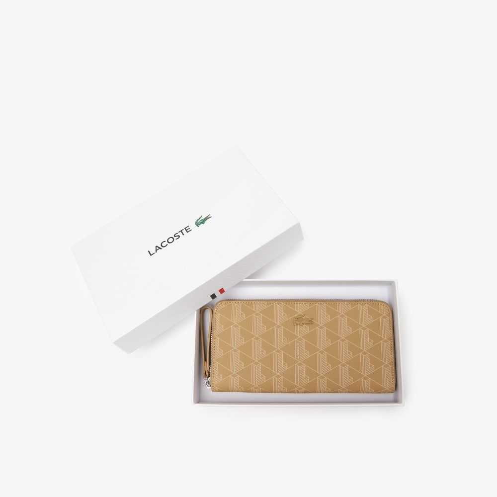 Lacoste Monogram Print Zip Wallet Beige | QCEMY-0732