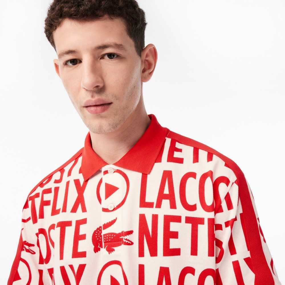 Lacoste Netflix Loose Fit Organic Bomull Print Vita Röda | FDGKU-7285