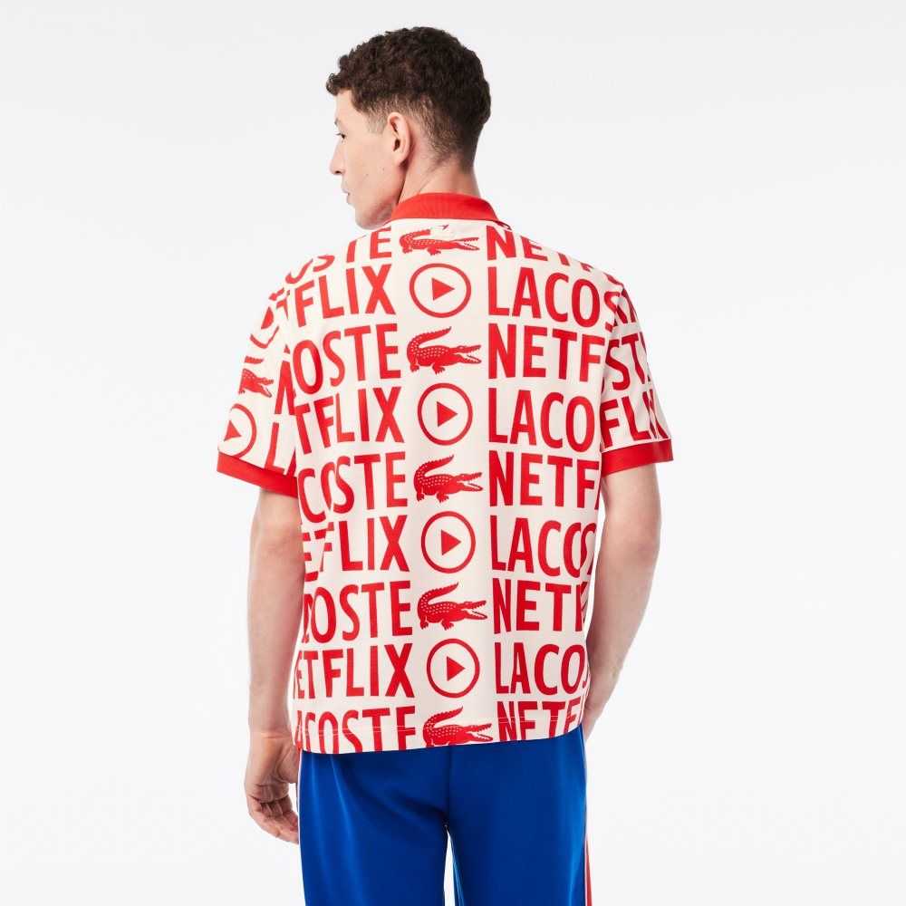 Lacoste Netflix Loose Fit Organic Bomull Print Vita Röda | FDGKU-7285