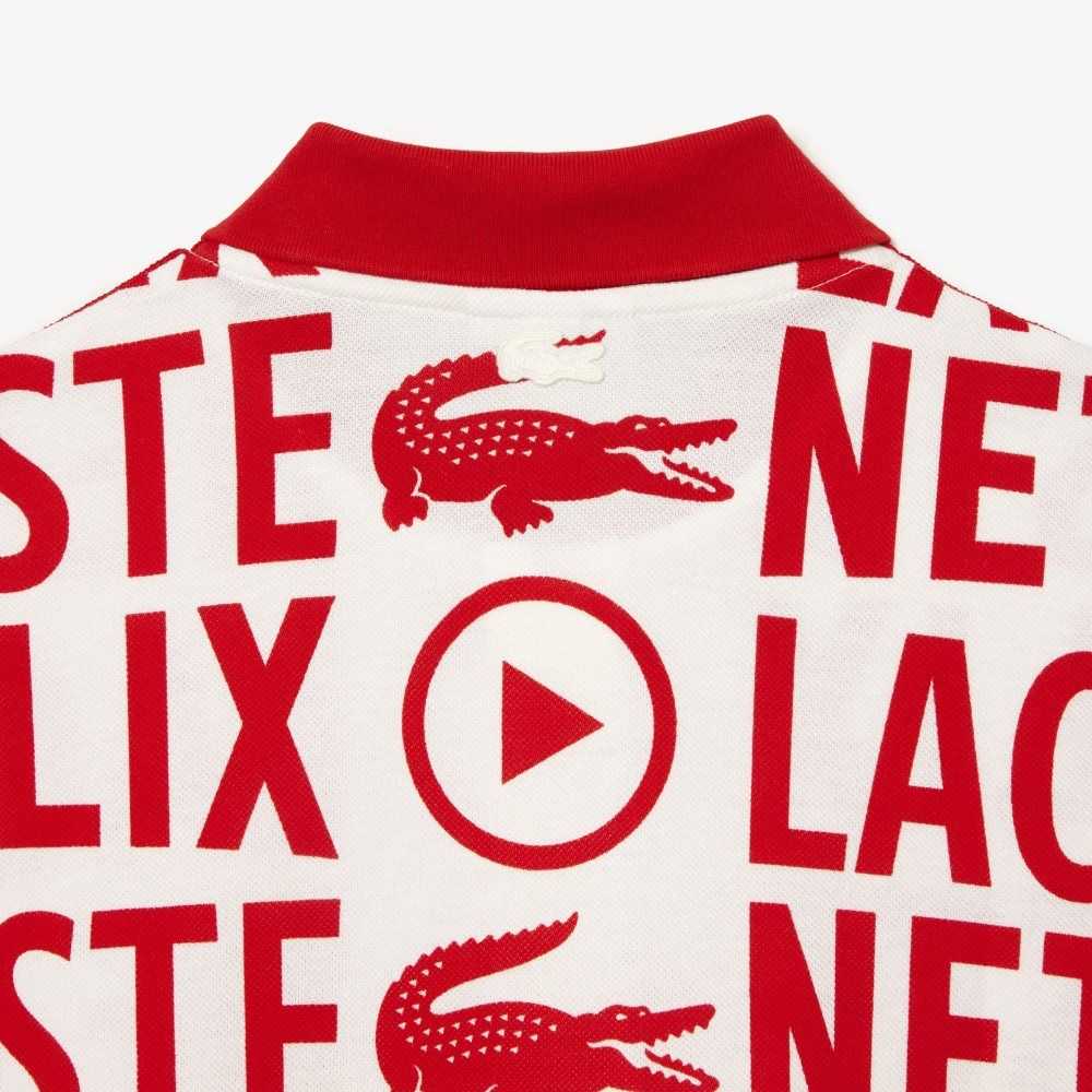 Lacoste Netflix Loose Fit Organic Bomull Print Vita Röda | FDGKU-7285