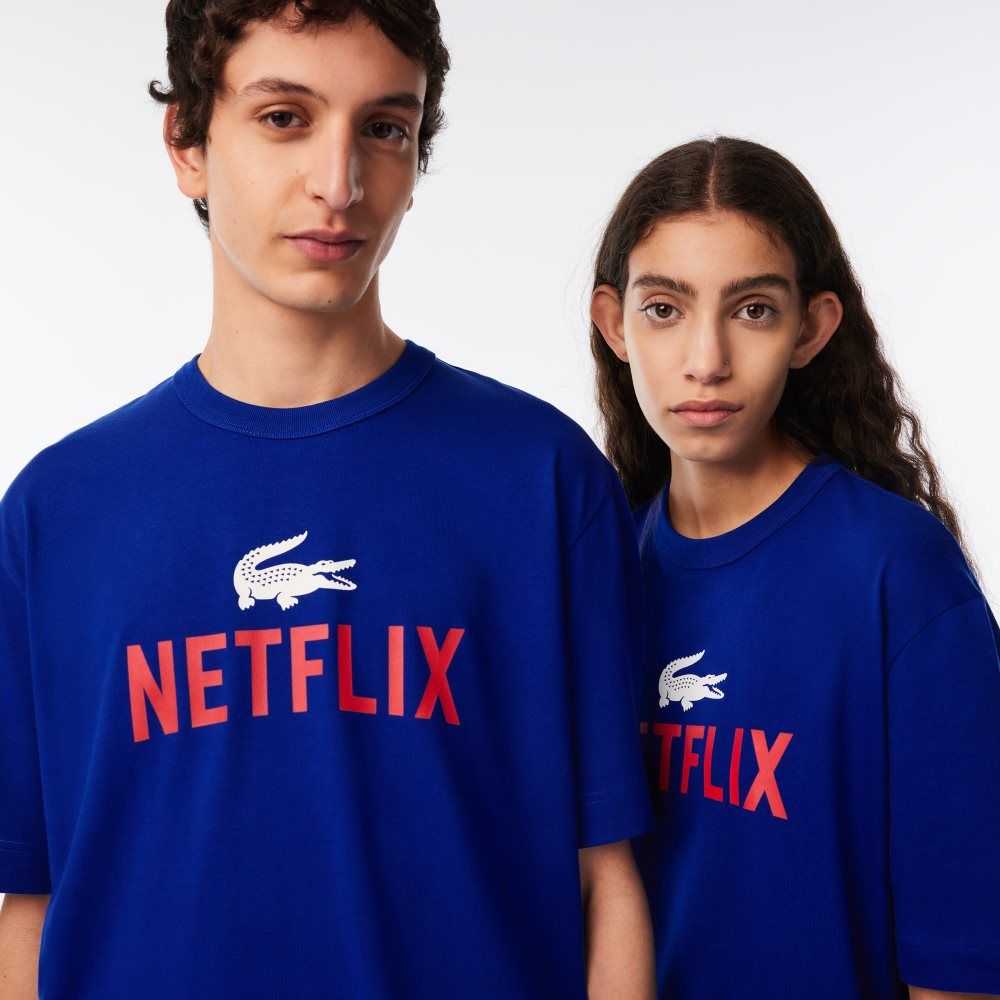 Lacoste Netflix Loose Fit Organic Bomull T-Shirt Blå | IBEQL-8691