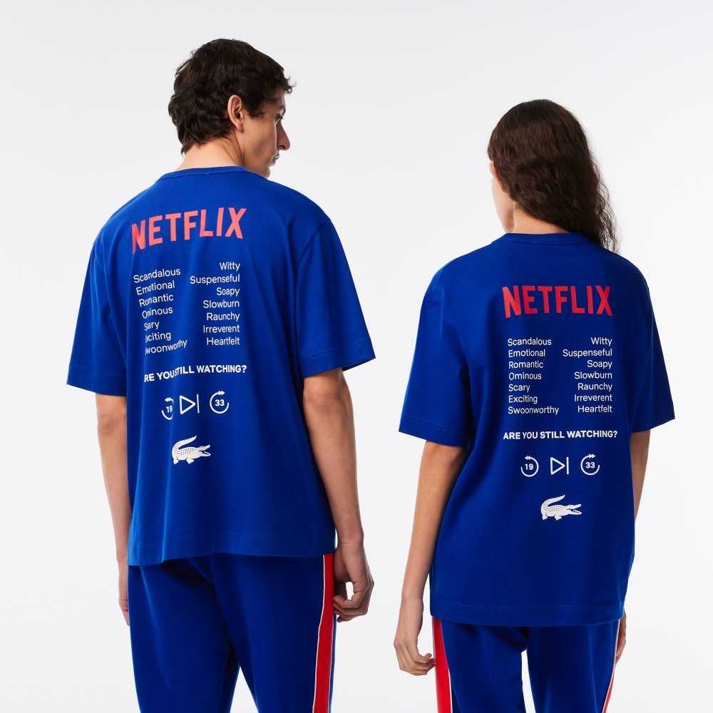 Lacoste Netflix Loose Fit Organic Bomull T-Shirt Blå | IBEQL-8691