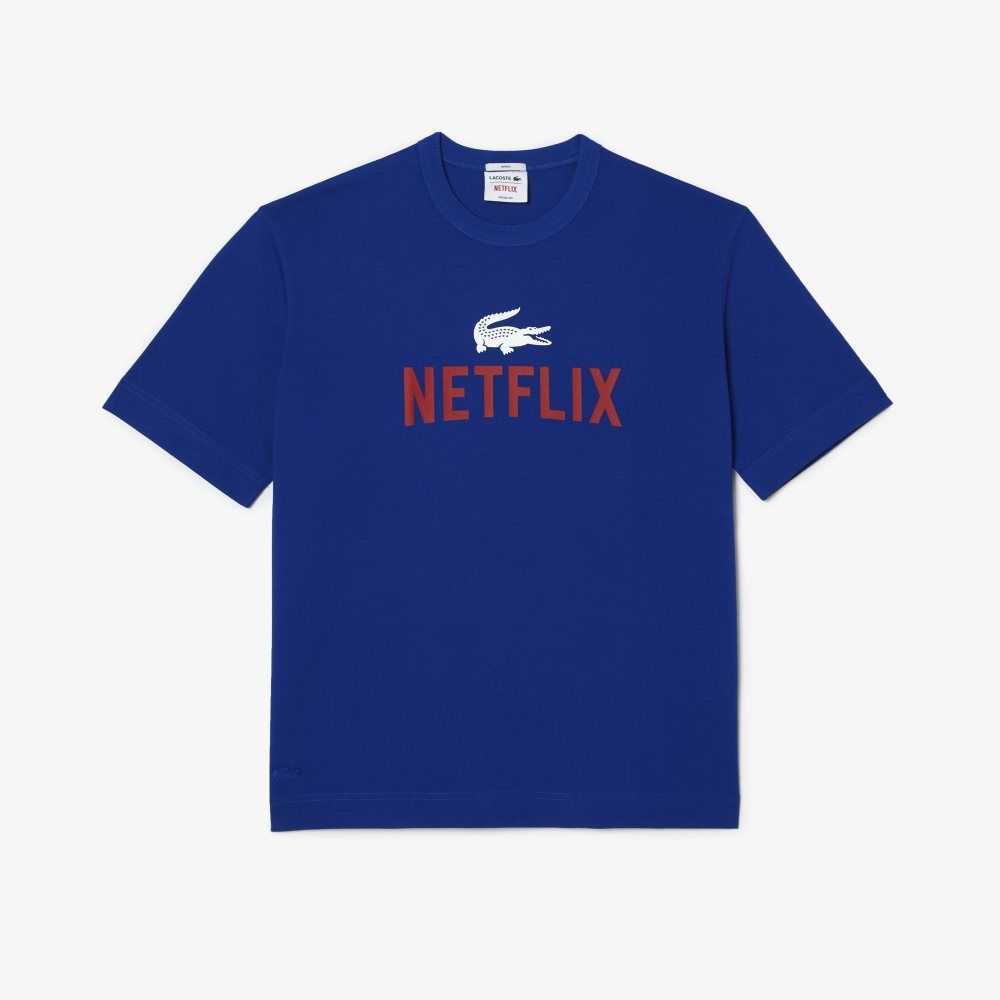 Lacoste Netflix Loose Fit Organic Bomull T-Shirt Blå | IBEQL-8691