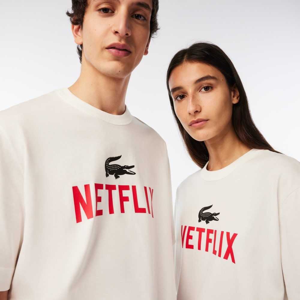 Lacoste Netflix Loose Fit Organic Bomull Vita | QYMPO-2954