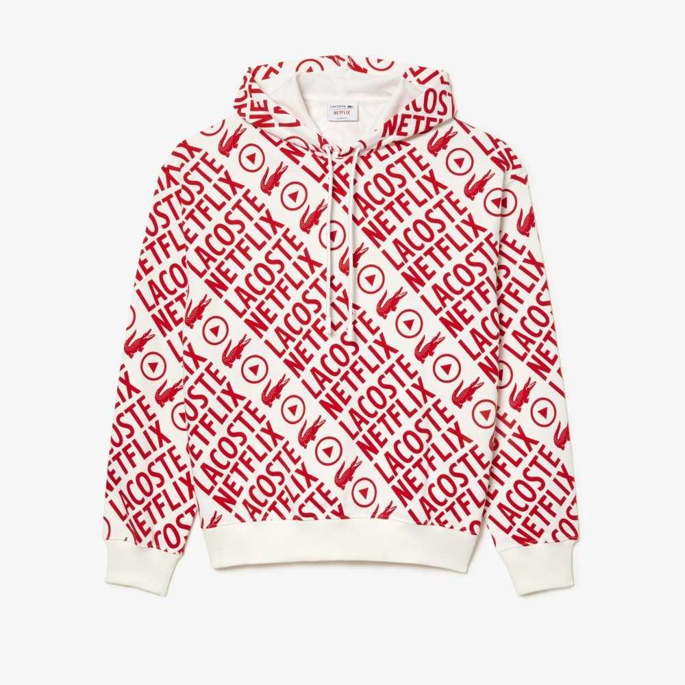 Lacoste Netflix Loose Fit Organic Bomull Vita Röda | RNOJT-7548