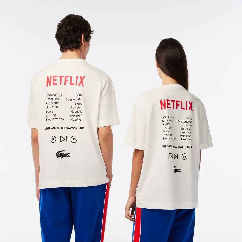 Lacoste Netflix Loose Fit Organic Bomull T-Shirt Vita | XWIAZ-0134