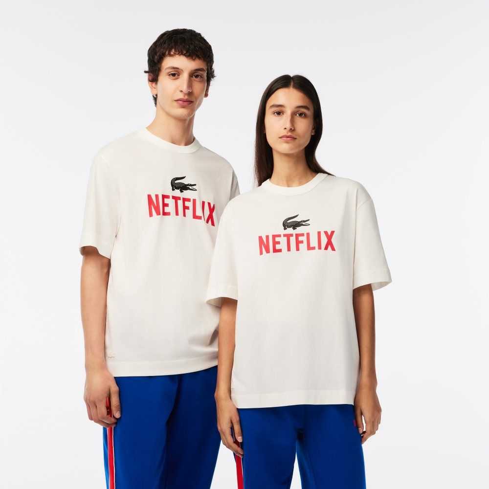 Lacoste Netflix Loose Fit Organic Bomull T-Shirt Vita | XWIAZ-0134