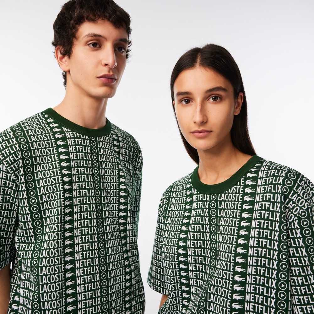 Lacoste Netflix Loose Fit Printed Gröna Vita | SOBUY-8962