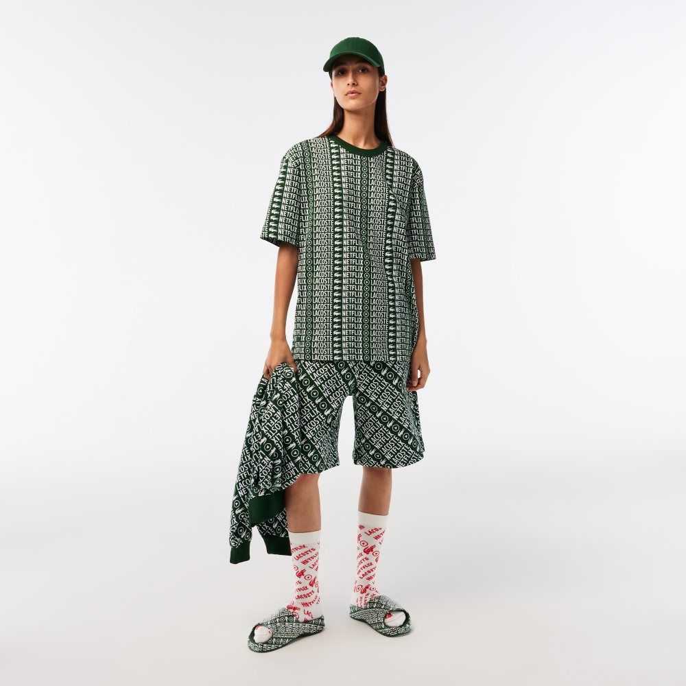 Lacoste Netflix Loose Fit Printed Gröna Vita | SOBUY-8962