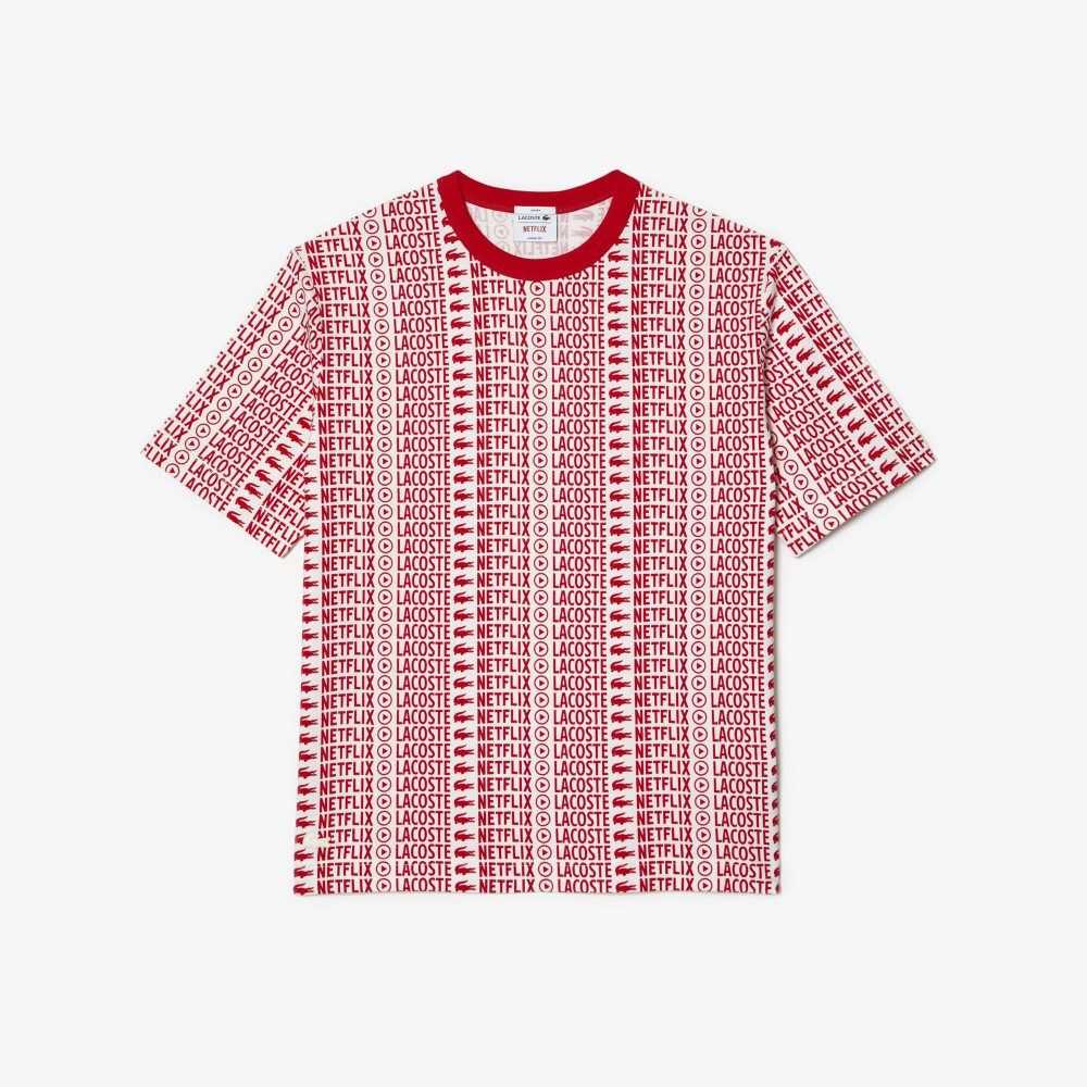 Lacoste Netflix Loose Fit Printed T-Shirt Vita Röda | DOPHB-4207