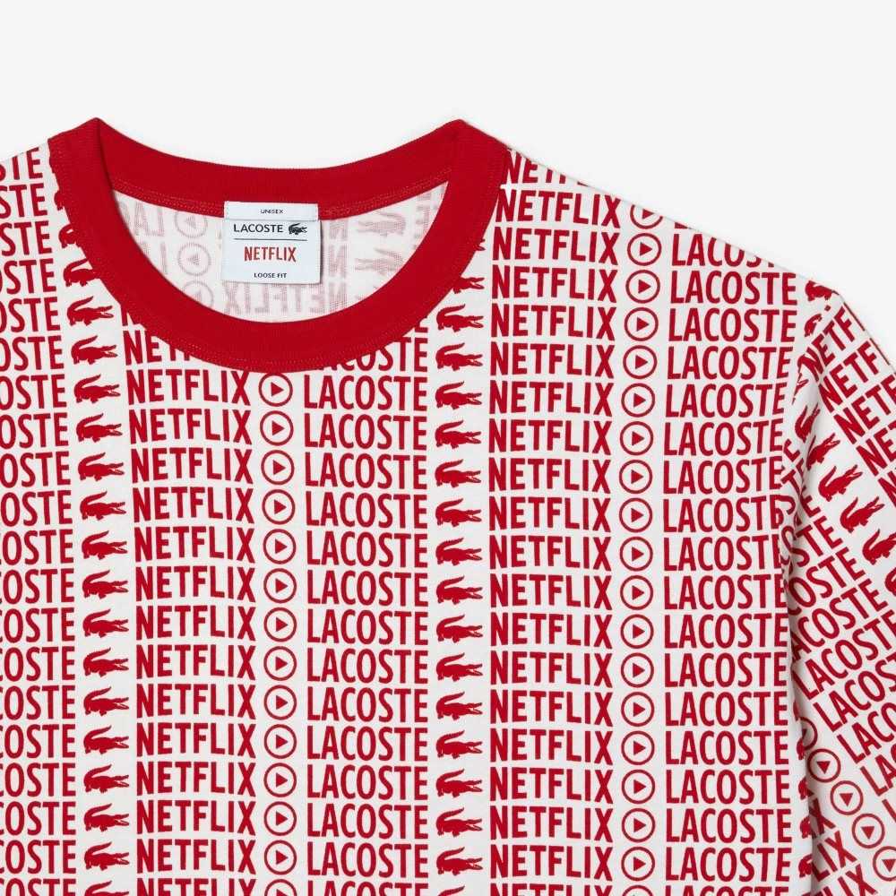 Lacoste Netflix Loose Fit Printed T-Shirt Vita Röda | DOPHB-4207