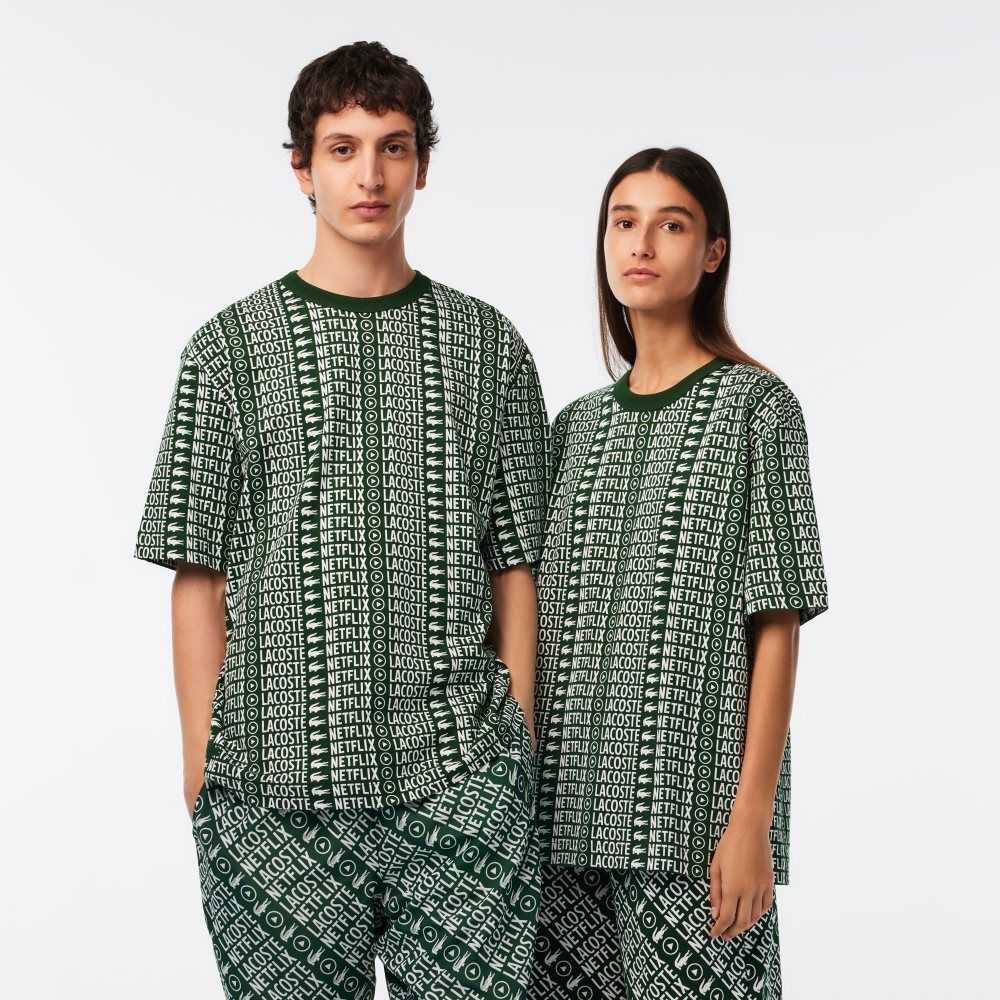 Lacoste Netflix Loose Fit Printed T-Shirt Gröna Vita | XAORY-5086