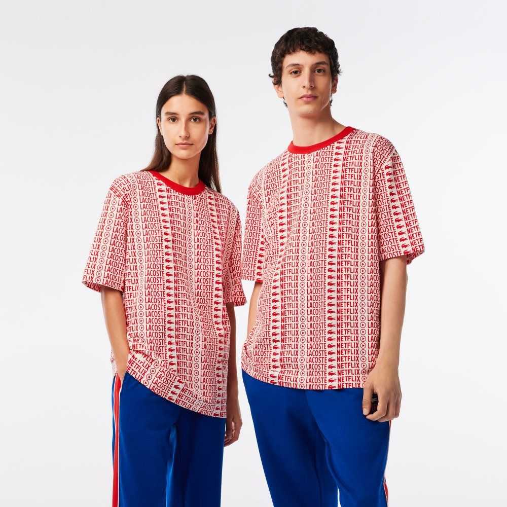 Lacoste Netflix Loose Fit Printed Vita Röda | TFNJB-5819