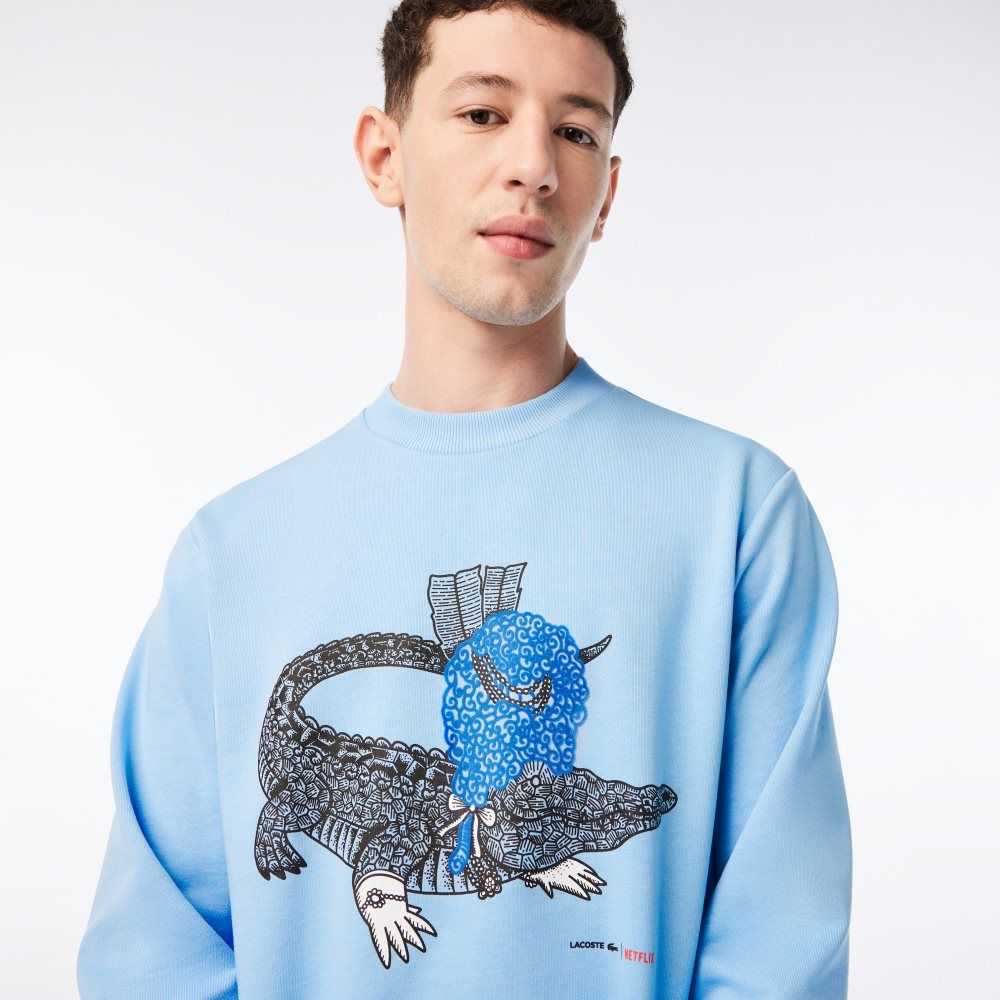 Lacoste Netflix Organic Bomull Fleece Print Blå | GKBCI-5074