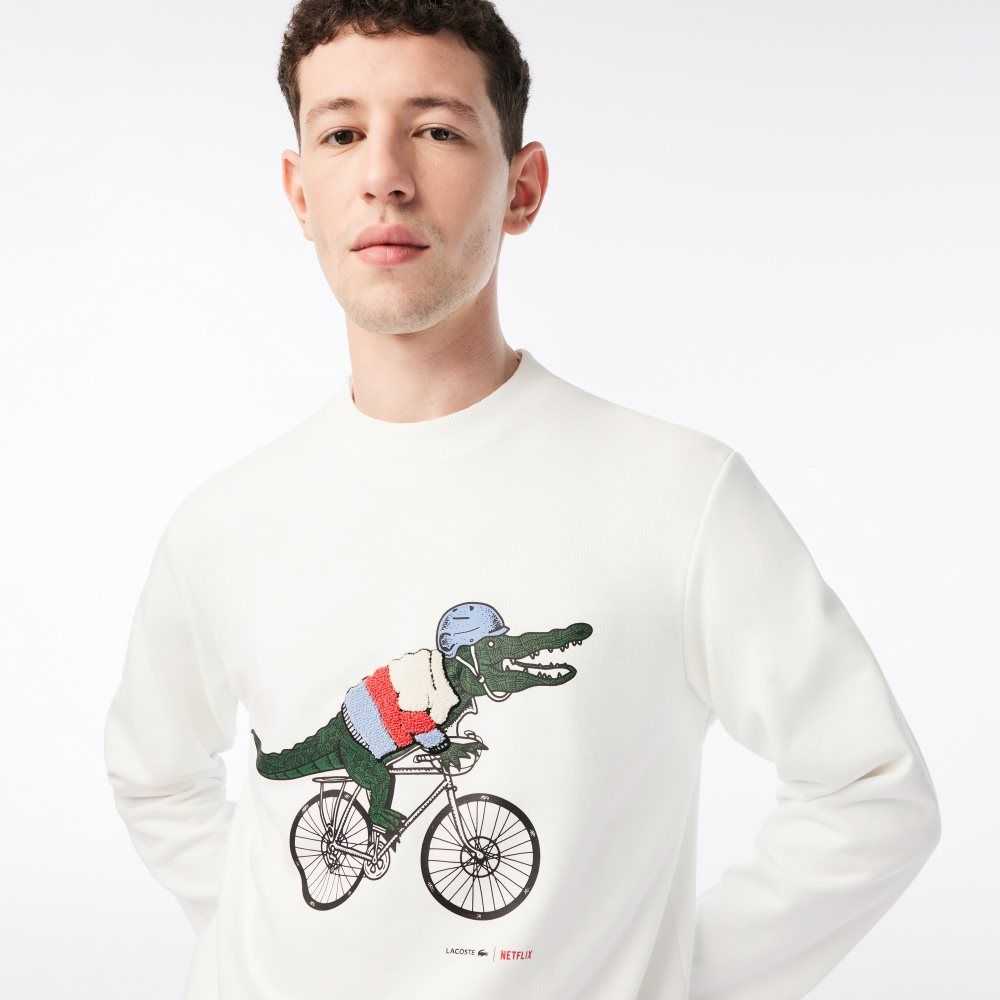 Lacoste Netflix Organic Bomull Fleece Print Vita | YPGEB-6247