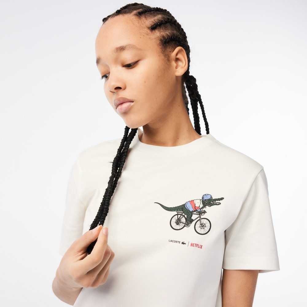 Lacoste Netflix Organic Bomull Jersey T-Shirt Vita | VMRHC-7695