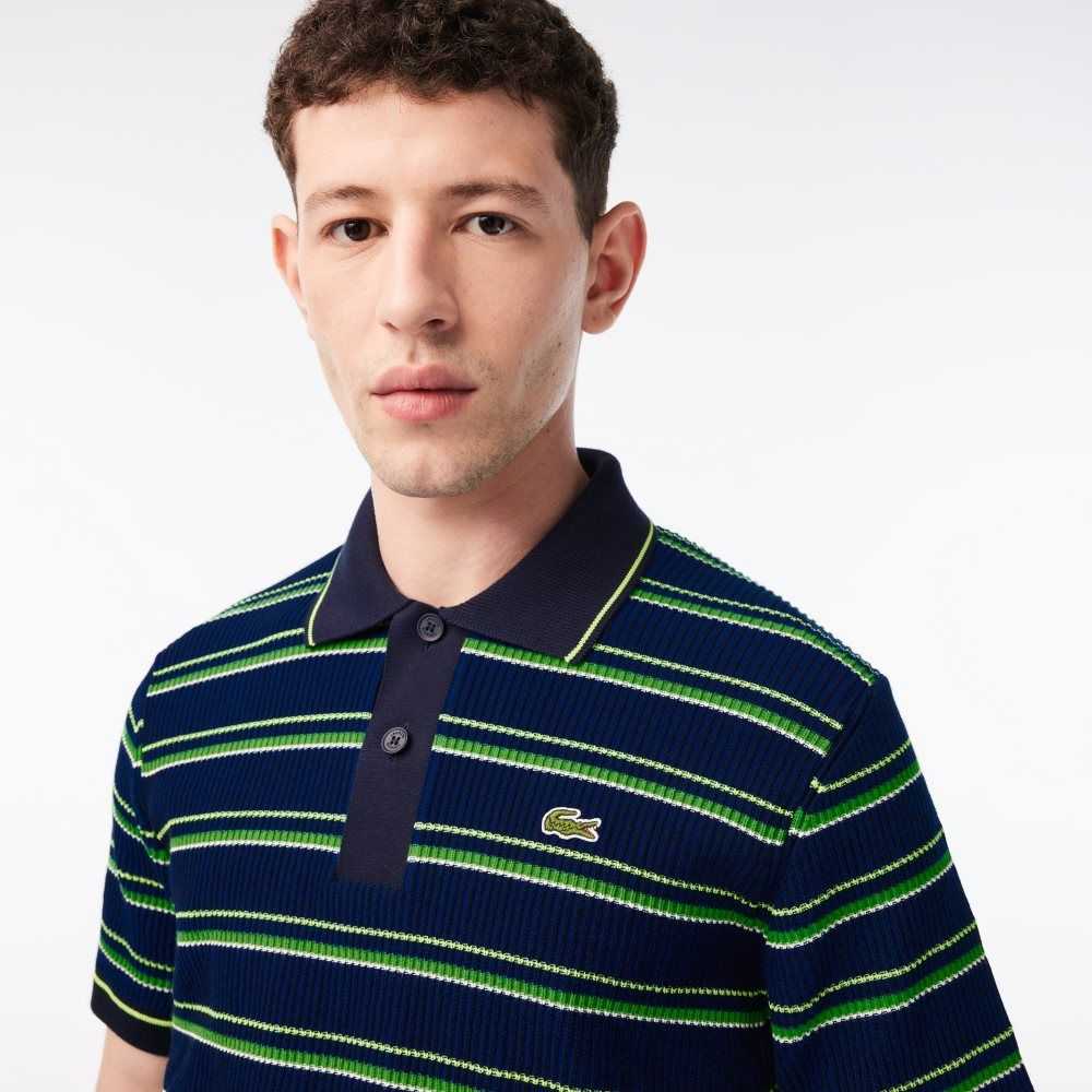 Lacoste Organic Bomull French Made Randig Polo Blå Svarta Vita | YTHOR-1625