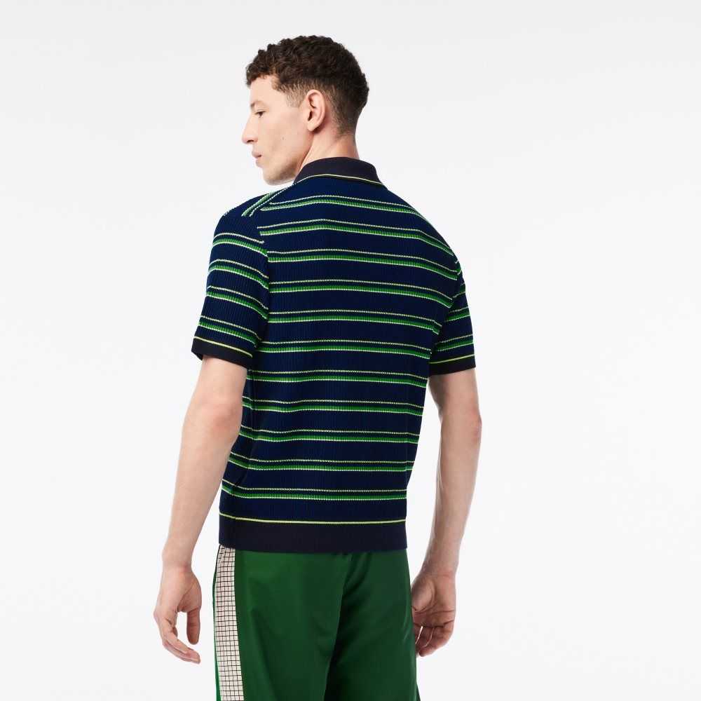 Lacoste Organic Bomull French Made Randig Polo Blå Svarta Vita | YTHOR-1625