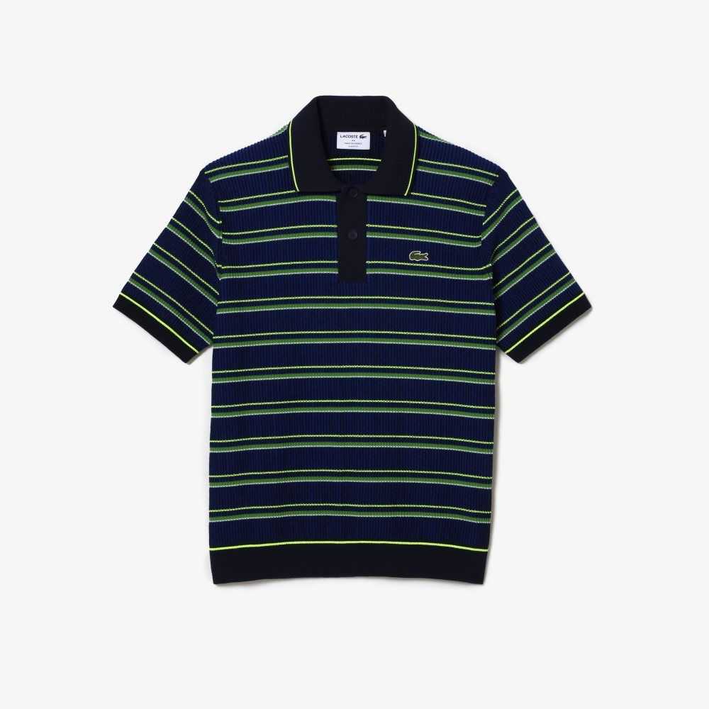 Lacoste Organic Bomull French Made Randig Polo Blå Svarta Vita | YTHOR-1625