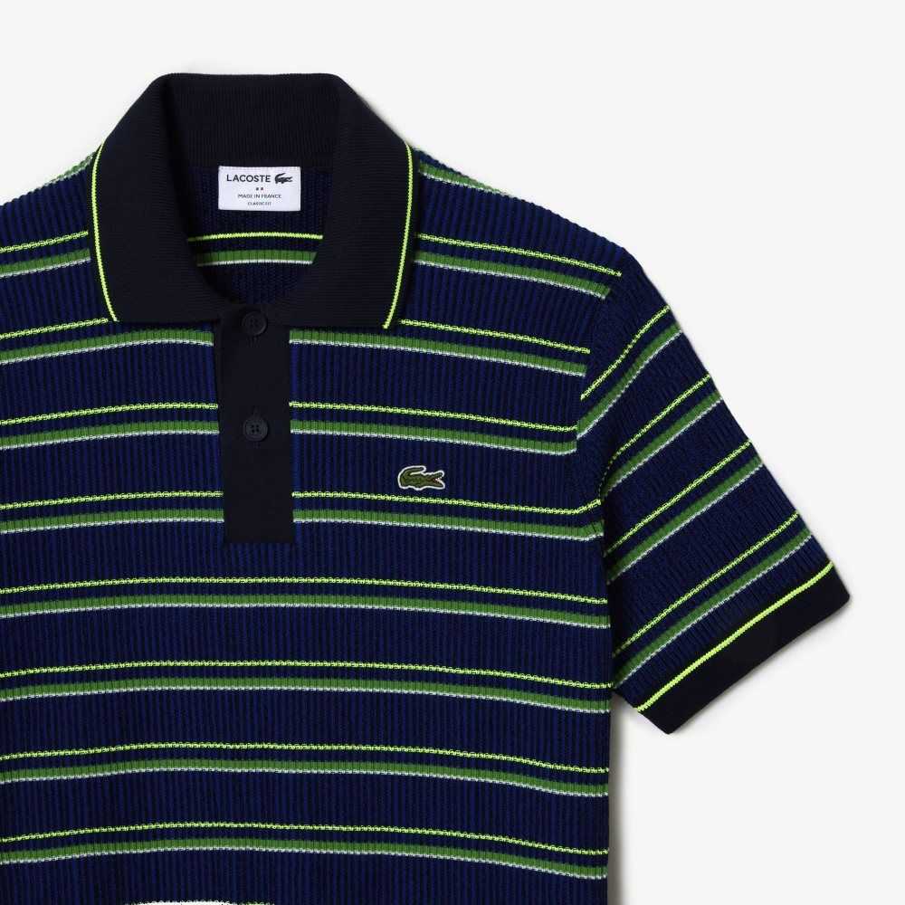 Lacoste Organic Bomull French Made Randig Polo Blå Svarta Vita | YTHOR-1625