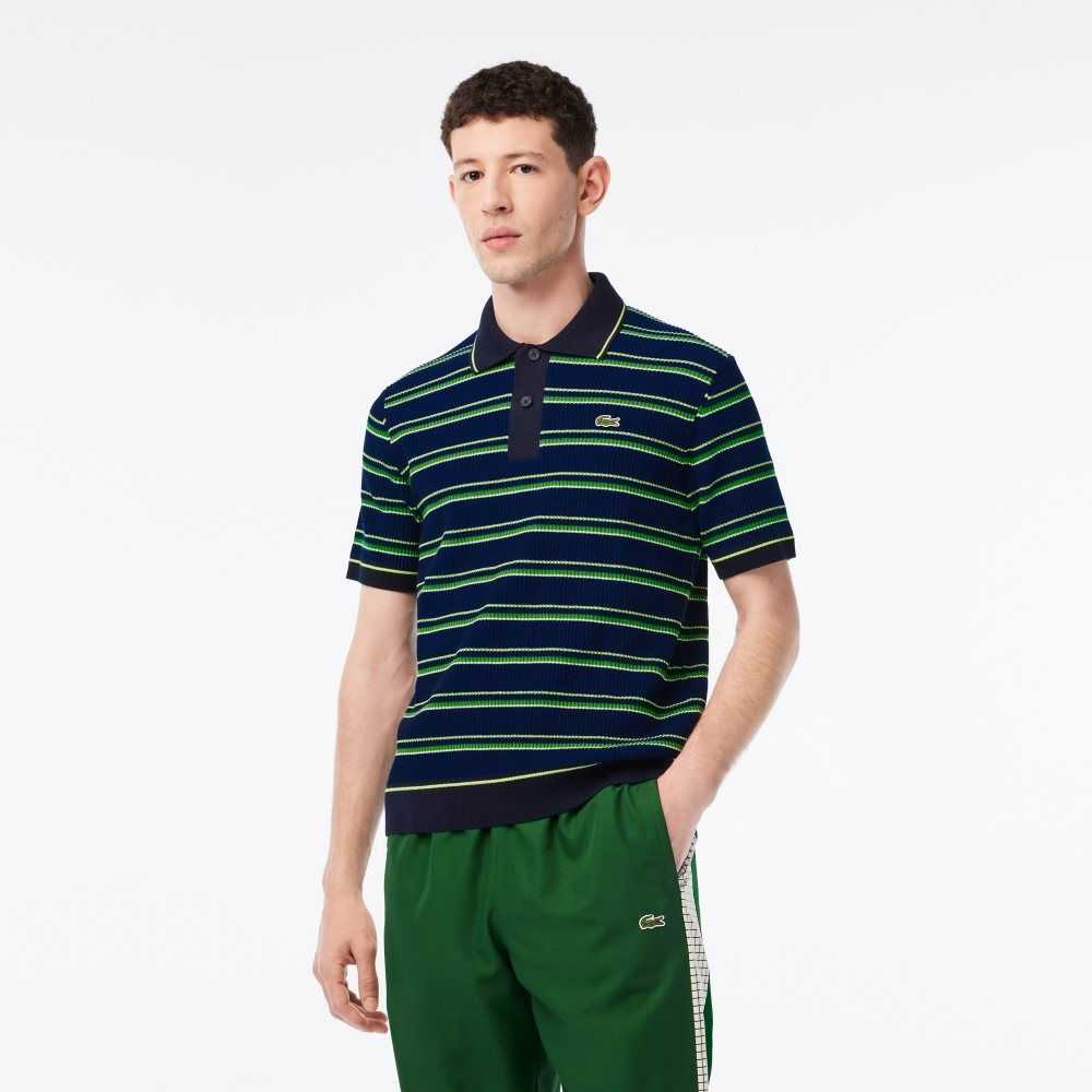 Lacoste Organic Bomull French Made Randig Polo Blå Svarta Vita | YTHOR-1625