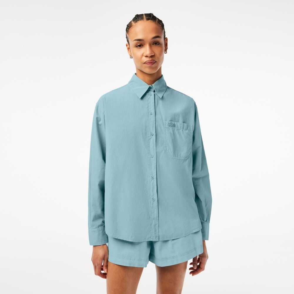 Lacoste Oversized Bomull Poplin Shirt Blå | CUBDN-6302