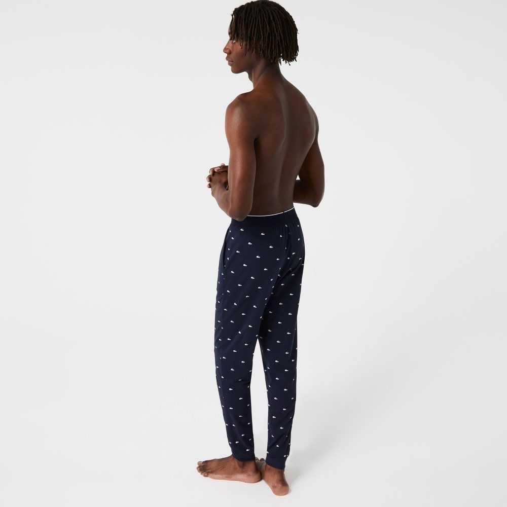 Lacoste Printed Jersey Pajama Pants Marinblå Blå Vita | QDXWJ-6914